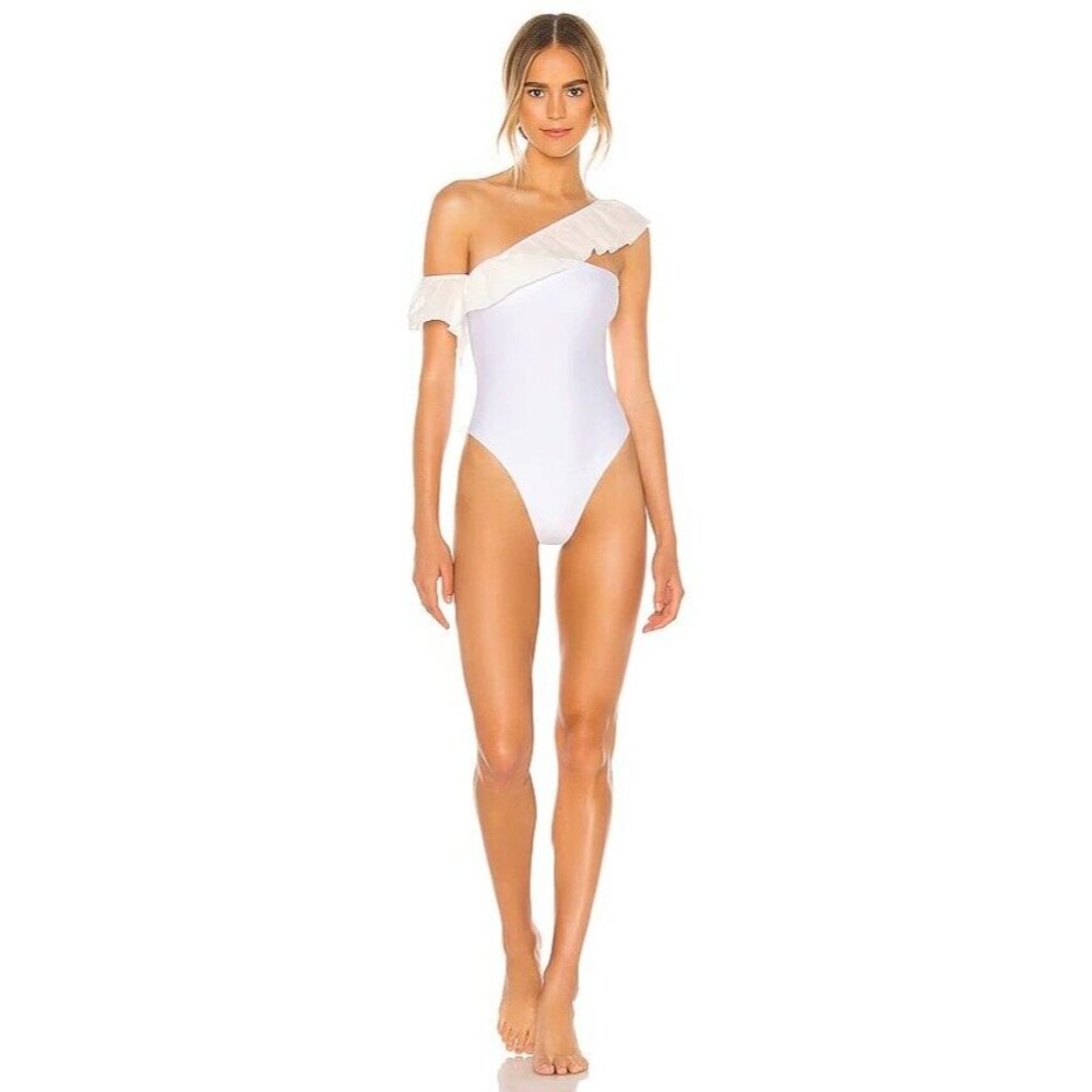 Tularosa White One-Shoulder Ruffle One-Piece Swimsuit